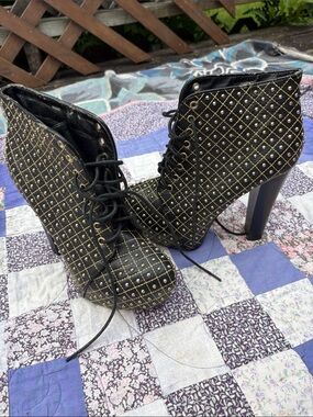 Charlotte Russe stiletto, gold, and black Studded High Heel Boots size 8